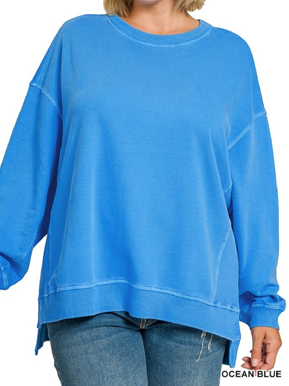 NWT-Women's Plus Size French Terry Pigment Dye Hi-Lo Cotton Pullover, Ocean Blue